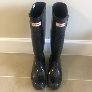 Tall hunter black glitter rain boots